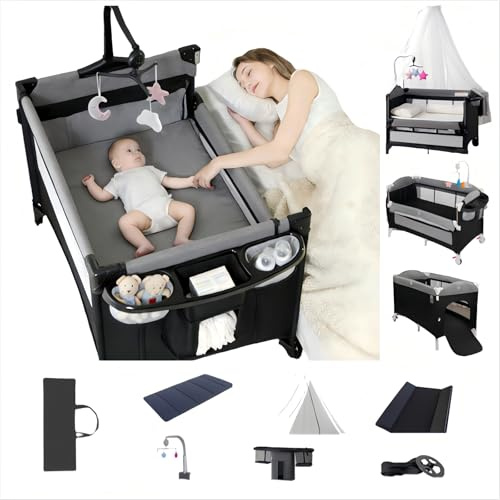 Aveainelle Pack and Play Baby resesäng, vikbar och konvertibel babyvagga, justerbar spädbarn liggdel, spädbarn med myggnät (grå med nät)