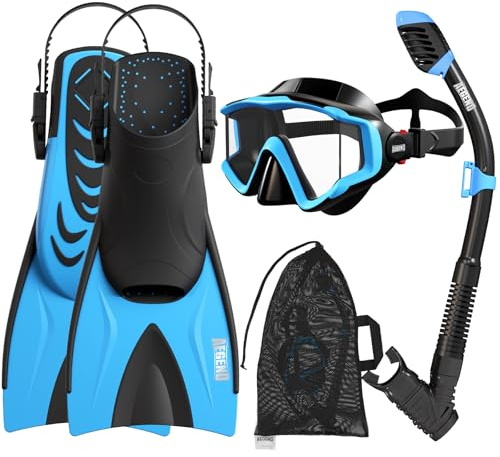 Aegend Snorkeling Gear Set for Kids - Anti-Fog Diving Mask, Adjustable Fins & Dry Snorkel, Full Snorkel Kit for Youth Swimming & Diving (Ages 5-15) (Black, XS)