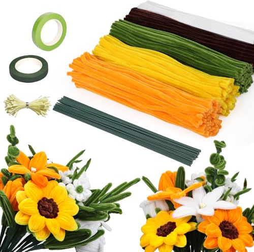 320 Stück Pfeifenreiniger Blumen Gelb Braun Weiß Grün Sonnenblumen Bouquet, Pfeifenputzer zum Basteln 30cm, 5 Farben Pipe Cleaner Flower Set, Biegeplüsch Chenilledraht mit Blumendraht für DIY Bastel