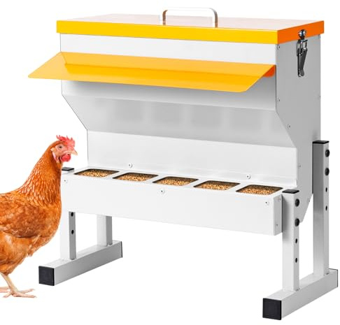 BREUAILY 16L Automatisch Hühnerfutterautomat, Edelstahl 5 Futterstellen Futterautomat Hühner, Metall Automatischer Geflügelfutterautomat für Hühner, Enten, Gänse, Geflügel, Höhenverstellbar