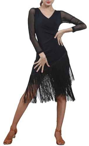 Mujer Vestido de Baile Latino con Escote en V con Flecos Swing Flapper Clásica Tango Salsa Samba con Mangas Cortas/largas para cócteles y Fiestas BsNegroLong M
