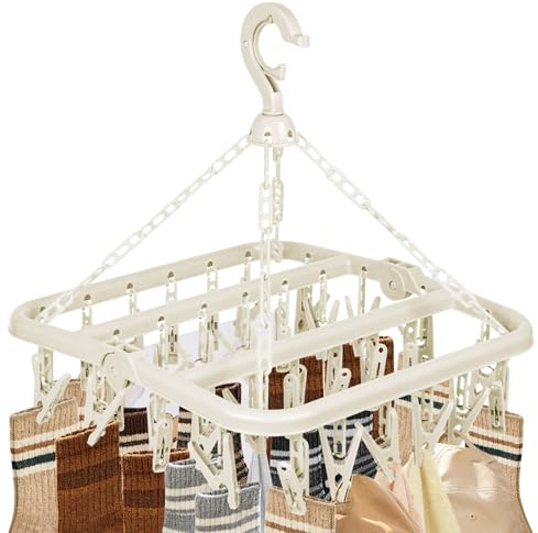 LEEPAT Clothes Drying Hanger with 32 Clips Foldable Hanging Sock Rack, Space-Saving Sock Hangers for Drying, Multi-Functional Clothes Pegs for Washing Line for Underwear, Baby Clothes, Hats, Socks