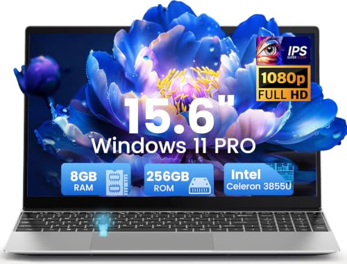 Kayoote 15.6 Portátil Win 11 Pro, 8GB RAM 256GB SSD, Pantalla 1080P FHD, Procesador 3855U, Teclado Retroiluminado, Huella Dactilar, USB3.0, Batería 5000mAh, Computadora para Negocios y Escuela