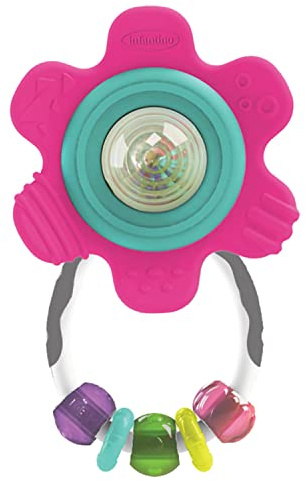 Infantino Spin & Teethe Gummy Pink Flower Rattle - Easy to Grab, Chewy Rings, Multi-Texutre Petals, Roller Ball Center - Teething & Sensory Play, Ages 0 Months +
