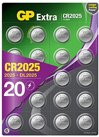 GP CR2025 3V Lithium Coin Cell Batteries 20 Pack - Flat Battery for Car Key/Key Fob Audi Mercedes Nissan - DL2025 2025 Batteries also suitable for scales/toys/heartrate monitor etc