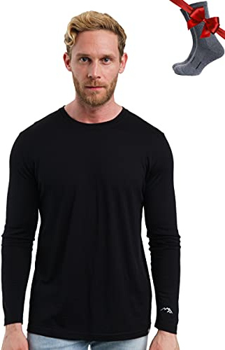 100% Merino Wool Base Layer Men - Long Sleeve Thermal Shirt + Hiking Socks | All Season Mens Thermal Top, Odor-Resistant, Moisture-Wicking, Breathable, Itch-Free, for Hiking, Skiing, Travel