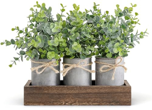 Dahey Centerpiece Table Decorations Coffee Table Decor Wood Tray 3 Galvanized Pots with Artificial Eucalyptus Plants Farmhouse Decor Table Centerpieces for Dinning Living Room Bath Kitchen, Brown