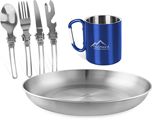 normani Outdoor-Geschirr Set aus Teller, Tasse und 5-teiligem Besteck mit Flaschen und Dosenöffner aus Edelstahl - Outdoor, Camping, Reise