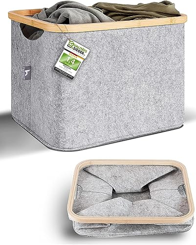 HENNEZ Cesta de Almacenaje de Fieltro 40 Litros - Caja Plegable para Leña, Juguetes y Ropa Sucia - Contenedor de Tela Negro con Bambú
