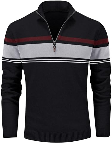 MAGCOMSEN Men's 1/4 Zip Jumper Cotton Knitted Sweaters Black Light Grey,M