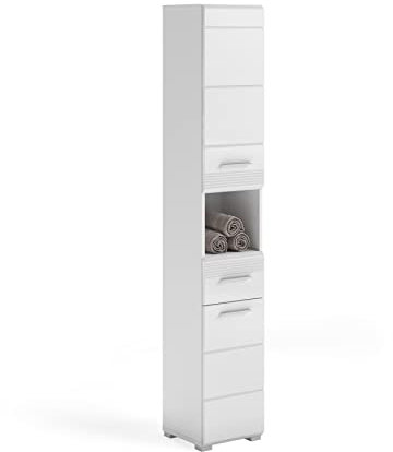 xonox.home - Hochschrank Linus 30x182x31 cm in Front weiß Hochglanz Korpus weiß - Badezimmer Badschrank schmaler Badezimmerschrank - modern, platzsparend und funktional