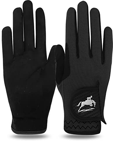 FINGER TEN Horse Riding Gloves Equestrian Women Kids for Girls Boys Mesh Breathable Lightweight Color Pack, Comfortable Grip for Summer (Women-Black, Medium)