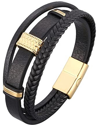 Whoiy Armband Leder Breit Herren, Geschenke für Den Freund Gold 3-Lagiges Lederarmband für Männer 20.5cm