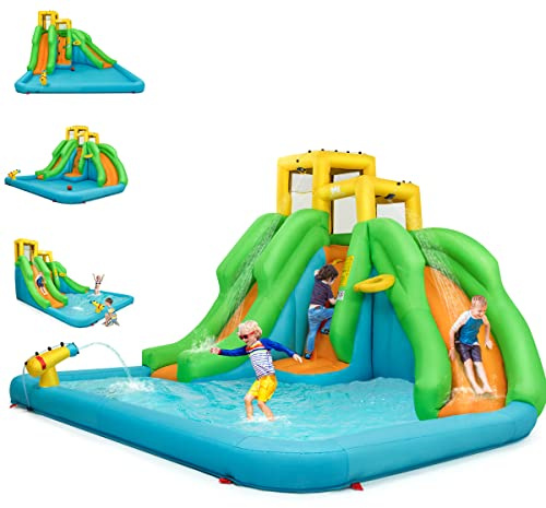 COSTWAY Château Gonflable Enfants avec Toboggan Double, Parc Aquatique Gonflable avec Mur d'escalade, Panier, Piscine, Canon à Eau, Charge 160kg pour 3 Enfants de 3-10 Ans, sans Souffleur
