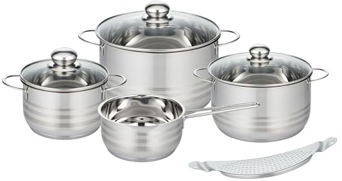 ELO Topfset Brilliant 4+1 tlg, Edelstahl - Induktion, Literskala | Volumenskala, Dekorstreifen, Energiesparender Kapselboden, spülmaschinengeeigfnet, backofenfest