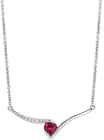 Orovi Schmuck Damen Rubin Herz–Kette mit Herzanhänger Edelstein roter Rubin umgeben von weißen Zirkonia in Brillantschliff Zeitlose klassische Silberkette Halskette aus 925 Sterling Silber, 45 cm lang