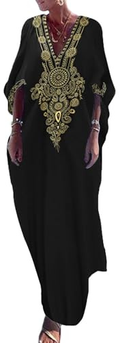 Bsubseach Kaftan Vestidos para Mujeres Traje de Baño Cover Ups Traje de baño Coverup Caftanes Trajes de Vacaciones Bordado Negro