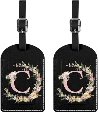 BHAHB 2 Stück Gepäckanhänger,Kofferanhänger mit Anfangs Brief, PU-Leder,ästhetische Niedlich Monogramm Reisetasche Etiketten für Frauen Mädchen(Black Letter-C)