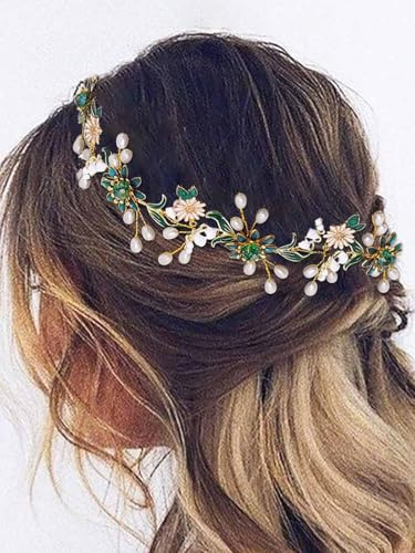 IYOU Braut Hochzeit Haarranke Grün Blume Kopfschmuck Gänseblümchen Perlen Stirnband Bräute Brautjungfern Haarschmuck für Damen