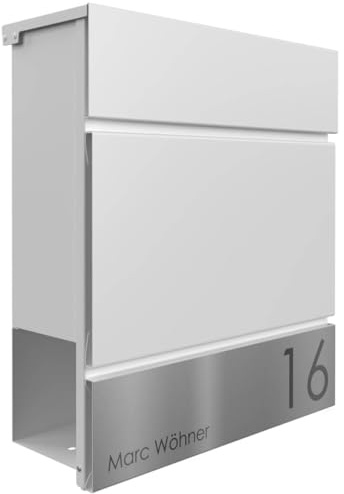 Cassetta delle lettere Manufaktur Design Kant Edition con scomparto per giornali – Elegance 4 individualmente con il vostro nome e numero civico (RAL 9016)