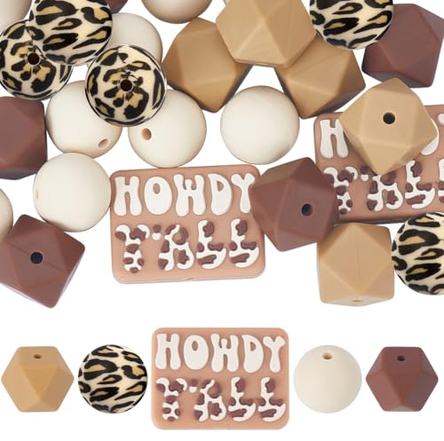 SUNNYCLUE 1 sac de 27 pièces 5 styles de Perles en Silicone Marron Imprimées Sur le Thème du Cowboy Rond Octogone Hexagone Léopard Rectangle Perles Focales de Vache pour Porte-Clés Faisant des Assorti