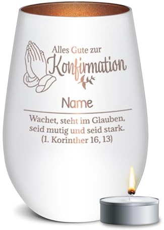 PR Print Royal Weißes Windlicht mit Gravur - Alles Gute zur Konfirmation - mit Name Personalisieren - Geschenke zur Konfirmation, Konfirmationsgeschenke | inkl. Teelicht, 450 ml, Innen Bronze