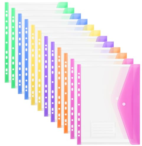 OFFCUP Plastic Wallets A4 Punched Pockets, 12 Pack Expandable Folders Document Files for 2/3/4 Ring Binder with Button & Label, 11 Holes Popper Wallets or School Office Home Travel