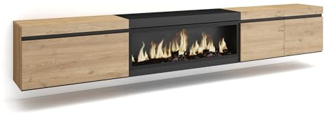 Skraut Home | TV-Schrank, Lowboard | für Wohnzimmer und Esszimmer | 288x45x35 cm | Für großformatiges TV | Elektrokamin XXL | Hängend | Moderner Stil | Eiche Schwarz