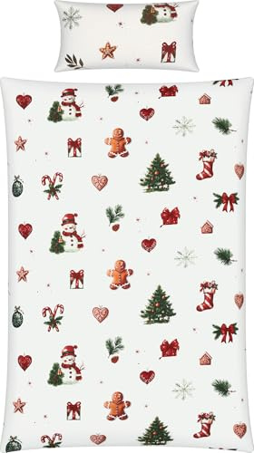 Erwin Müller Edelflanell Bettwäsche Lebkuchenmännchen, Tannenbaum, Schneemann, Weihnachten weiß Größe 40x80 cm / 135x200 cm - kuschelige Wärme, temperaturausgleichend, mit Reißverschluss