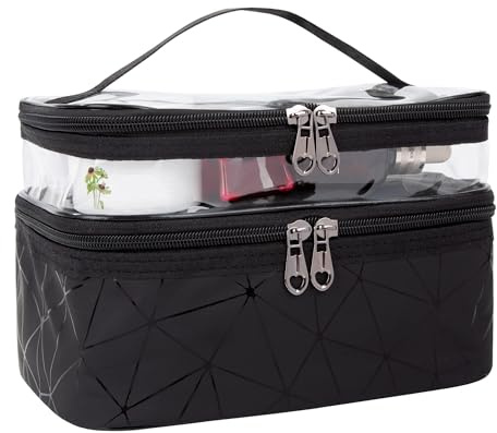Kulturtasche Reise Kosmetiktasche Doppelschichtige Kulturbeutel Wasserfest Schminktasche Große Kapazität Make-up Tasche mit Doppelte Reißverschluss für Frauen, Mädchen (Schwarz)