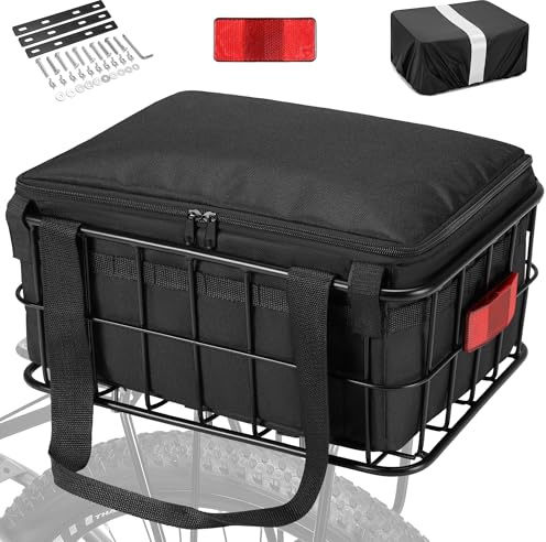 CDYWD Bike Basket Rear for Men Women, Large Bicycle Rack Basket for Adult Bikes with Removable Liner Bag & Waterproof Cover, Heavy Metal Back Cargo Basket for Ebike, Mountain Bike, City Bike, Cruiser