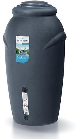 Rainwater Tank Water Butt Plastic Water Collection Container with complete connection Kit Garden Water Storage (Anthracite, 210L)