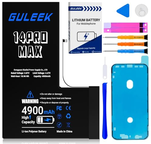 GULEEK Batterie pour iPhone 14 Pro Max, 4900mAh Haute Capacité Réelle, Kit Remplacement Complet avec Outils et Guide
