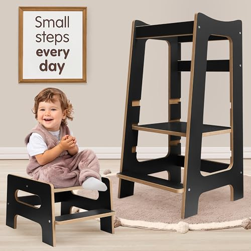 2-in-1 Montessori Lernturm aus Holz mit zusätzlichem Tritthocker – Verstellbarer Küchenhelfer für Kinder 2–6 Jahre, Sicherer Stehtritt für Waschbecken oder Toilette, Anthrazit/Kiefer