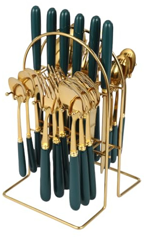 24-Piece Cutlery Set with Stand, Stainless Steel Cutlery Set with 6X Knives & Spoons & Forks & Teaspoons Cutlery Set for Family, Restaurants, Gold+ Dark Green