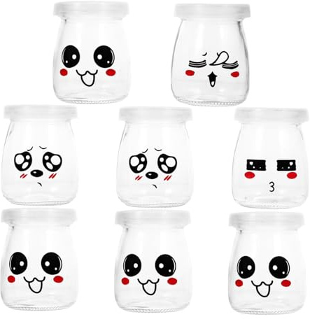Alipis Bouteilles en Verre à Pudding 8 Pièces, Verre et Plastique | Bord Lisse, Facile à Nettoyer, Portable et Simple à Ouvrir, Motif Cartoon Couleur Aléatoire Style Aléatoire