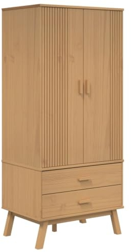 Makastle Mehrzweckschrank, Kleiderschrank mit 2 Türen und 2 Schubladen, Hochschränk, Drehtürenschrank, Haushaltsschrank Schrank Organizer für Schlafzimmer, Braun 76,5x53x172 cm Massivholz Kiefer