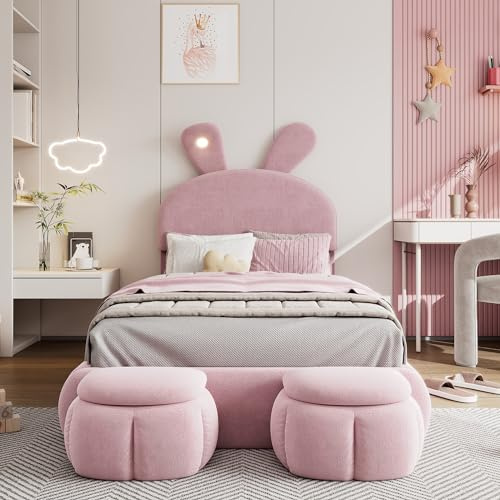 Rvjiahe Polsterbett, Einzelbett, Hasenohren mit Einstellbarer Helligkeit warmfarbenen Lichtstreifen, mit Zwei Aufbewahrungshockern, Kinderbett mit Holzlatten, Samt, Rosa, 90x200cm (Rosa, 90x200cm)