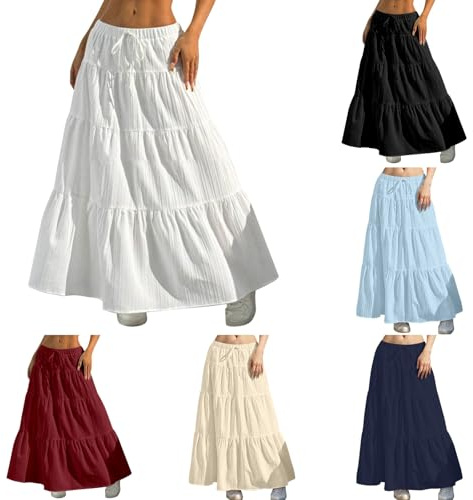 Sonnena Jupe Longue Femme Ete Fluide Tailles Grandes Taille Elastique Haute A-Ligne Jupe Plissée avec Poches Jupe Maxi Décontractée Élégante