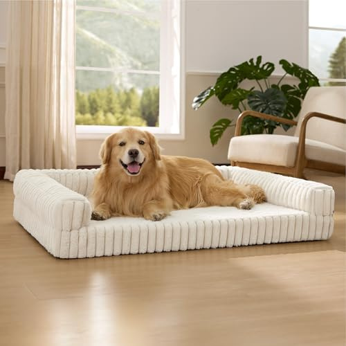 BEDSURE orthopädisches Hundebett Grosse Hunde - 122x89x20cm | wasserdichtes Hundesofa mit Memory-Schaum & Eierkarton-Schaum, waschbarer und abnehmbarer Cordbezug Hundecouch, creme