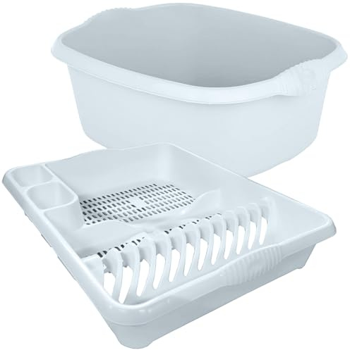 KetoPlastics White 2 Piece Kitchen Set - Large Dish Drainer and Rectangle Washing up Bowl