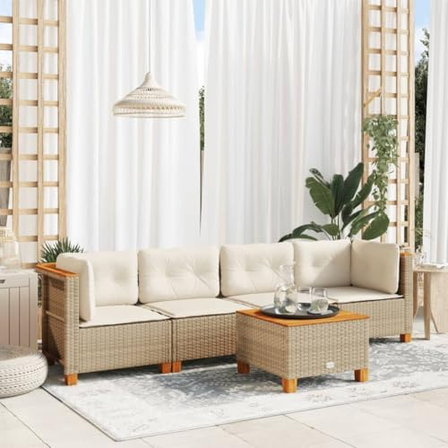 QJBSAVVA 5-TLG. Gartenmöbel Set Beige Poly-Rattan Lounge mit Akazienholztisch 63,5 cm modular für Balkon Terrasse Garten platzsparendes Outdoor Sitzgruppe klein