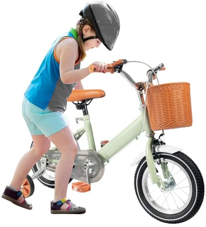 Jerool Barncykel 12 tum, barncykel från 3 år, cykel för barn med korg och stödhjul, höjdjusterbart säte och styre (grön)