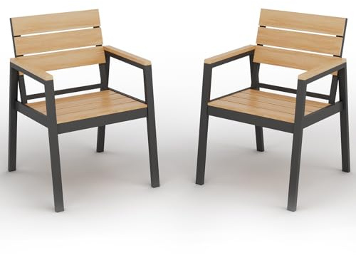 Devoko Alu Aartenstühle mit Armlehne, Gartenstuhl Set (6-teilig), Terrassenstühle Wasserfeste, Langlebige, Gartenstuhl bis 160 kg belastbar, Holzmaserung-Finish, Extrabreite Sitzfläche, Teakholz
