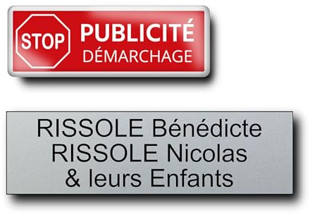 Plaque Boîte aux Lettres Personnalisable avec Stop Pub 3D - 10 x 2,5 cm - Pas de Publicité/Pas de Démarchage - Étiquette Autocollante Nom, Prénom, Famille (Argent)