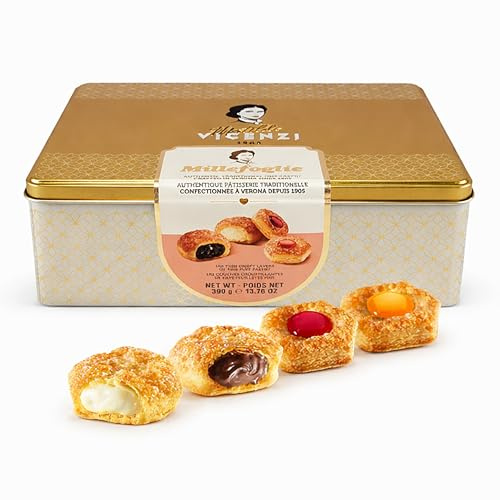 Vicenzi Millefoglie Assorted Filled Puff Pastry Cookies Gift Tin 390g - 4 Flavors Chocolate, Milk Cream, Raspberry, Apricot Vanilla Italian Biscuits. Great Birthday Gifts for Women