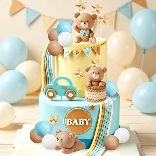 JeVenis décoration gâteau ourson bleu boule dorée fête bébé anniversaire | décoration gâteau ourson bleu boule dorée fête bébé anniversaire