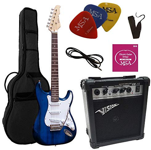 ELEKTROGITARRE DUNKELBLAU TRANSPARENT - E-GITARRE - IM SET MIT 20WATT VERSTÄRKER - TASCHE - BAND - SAITEN - 3xPIK