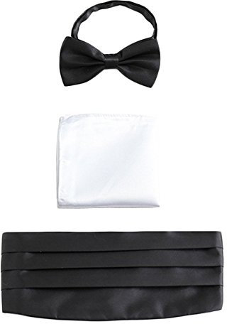 Herren Satin Kummerbund Fliege Einstecktuch 3 in 1 Set für Hochzeit Party Ball Banquet Smoking Gentleman - Schwarz Weiß