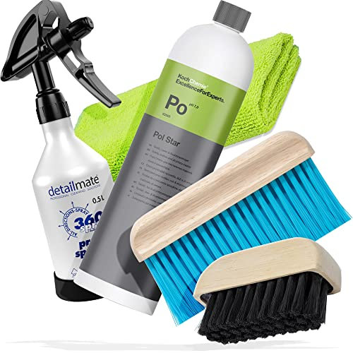 detailmate Kwazar Kit de nettoyage d'intérieur – Koch Chemie POL Star – Nettoyant textile, cuir et alcantar 1 l – Vaporisateur 360 ° 0,5 l – Chiffon 40 x 40 cm – Brosse en nylon souple